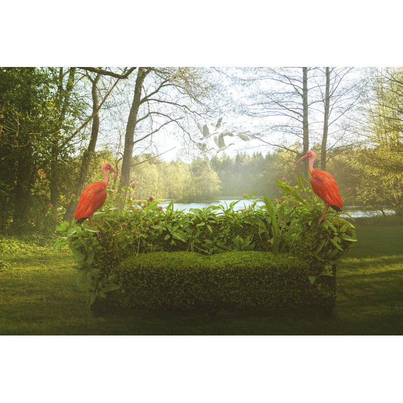 Green Sofa And Flamingos by HolyWonderWorld - Wrapped Canvas Print, 30cm H x 46cm W