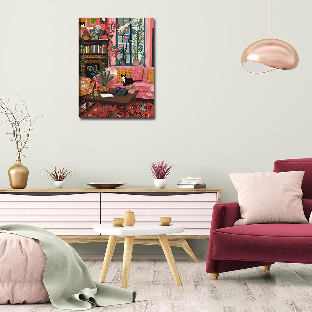 Cute Tuxedo Cat Wall Art Funny Black Cat Wall Decor Painting, Whimsical Pet Animal Pink Room Poster Canvas Prints Picture For Bedroom Living Room 12X1
