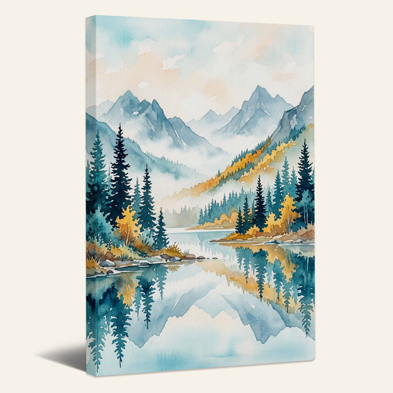 Art mural sur toile Misty Mountains and Pine Forest Reflection in Lake, H 48 po x l 32 po