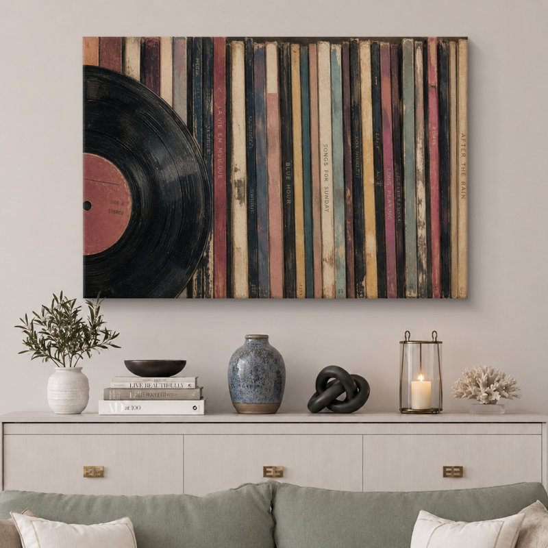 Œuvre de vinyle vintage, H 32 po x l 48 po x P 1,5 po, Toile tendue