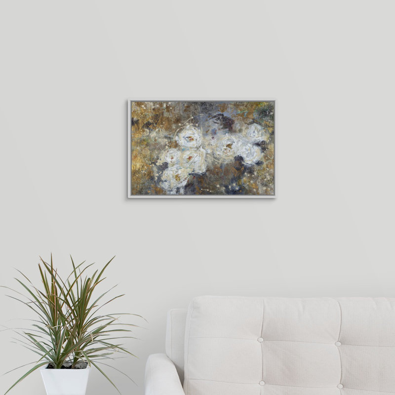 « golden fleurings », peinture sur toile, H 13,7 po x l 19,7 po x p 1,75 po, Cadre flottant blanc