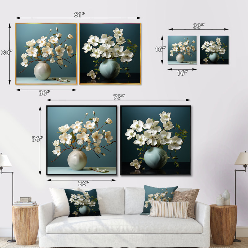 Cornouiller Blooming Elegance - ensemble de 2 collages carrés Dogwood, H 16 po x l 33 po, Cadre flottant brun