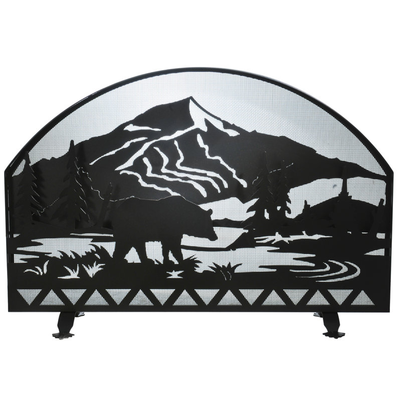 Bear Creek Black Iron Arched Fireplace Screen with Mountain Scene
