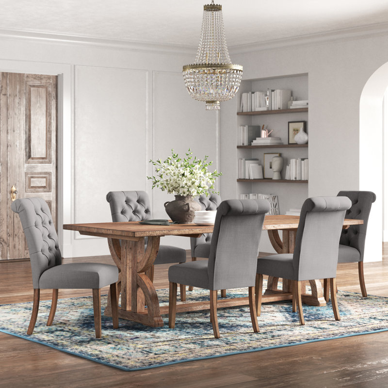 Aldrina 6 - Person Solid Wood Solid Wood Top Trestle Dining Set, Grey Linen