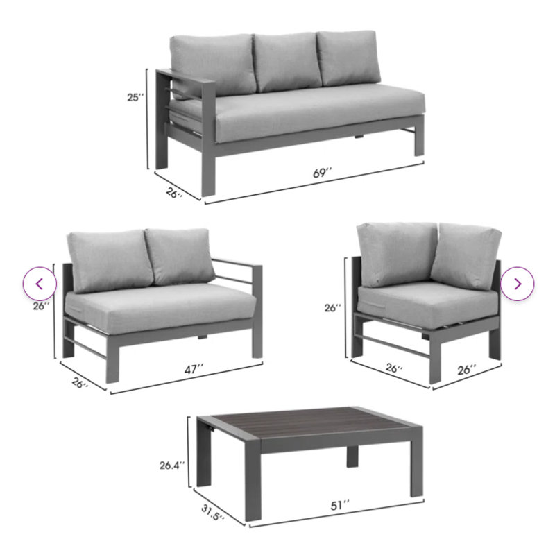 Ensemble de conversation 3 pièces d'extérieur toutes saisons, canapé modulaire, canapés d'angle, aluminium gris avec coussins gris foncé, ensemble modulaire d'extérieur, ensemble d'extérieur