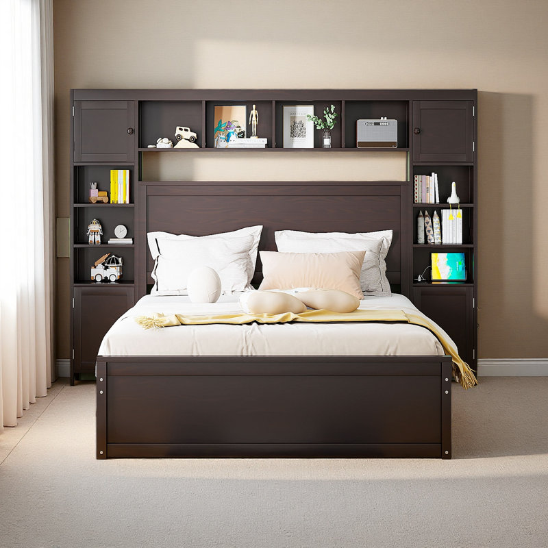 Lit en bois avec armoire tout-en-un, tablette et prises, lit gigogne, Grand lit, Espresso