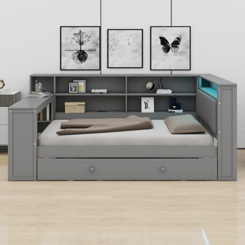 Wood Platform Bed With Storage Shelves, Trundle, Charging Station, LED, Desk And Upholstered Headboard, Greay