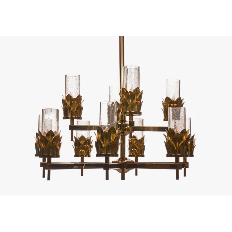 12 - Light Chandelier, 40" H x 35" W x 35" D, Seeded Clear, Polish Brass