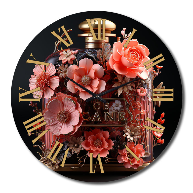 Horloge murale en forme de bouteille de parfum avec fleurs roses I, Grand