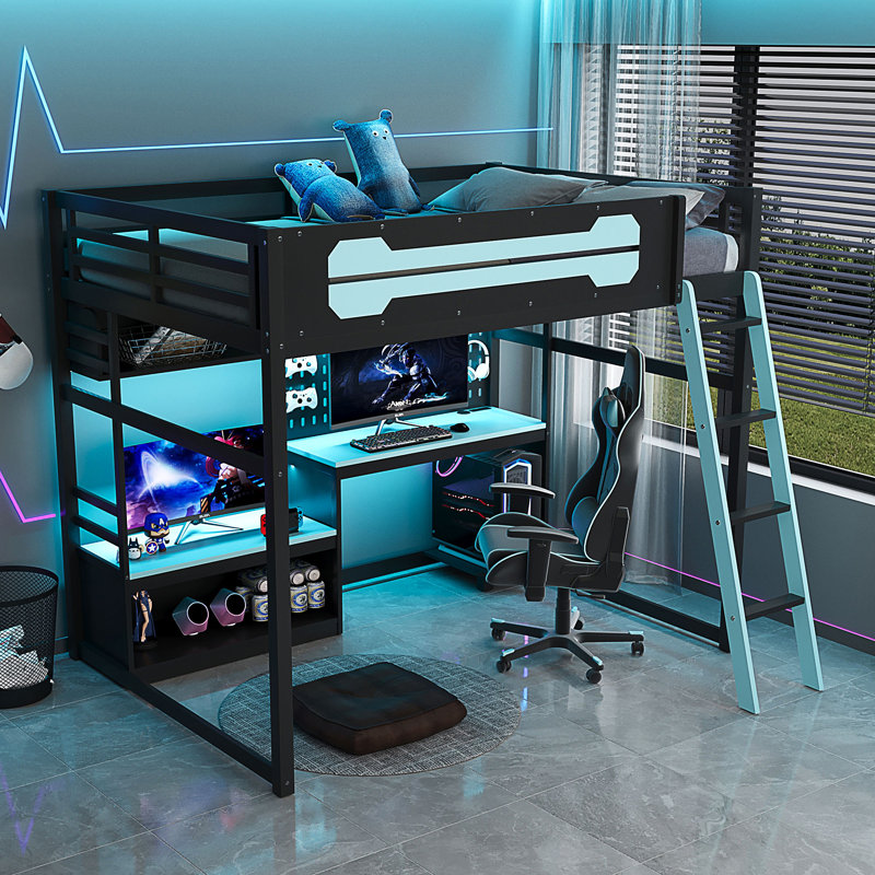 Lit mezzanine en bois avec bureau, Noir / Bleu