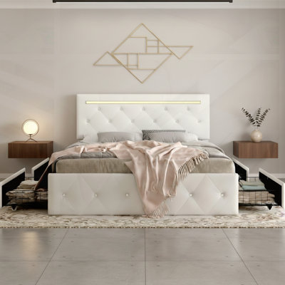 Base de lit grand avec lumière DEL, 4 tiroirs de rangement; Ensemble de lattes, tête de lit réglable et station de charge, aucun sommier nécessaire