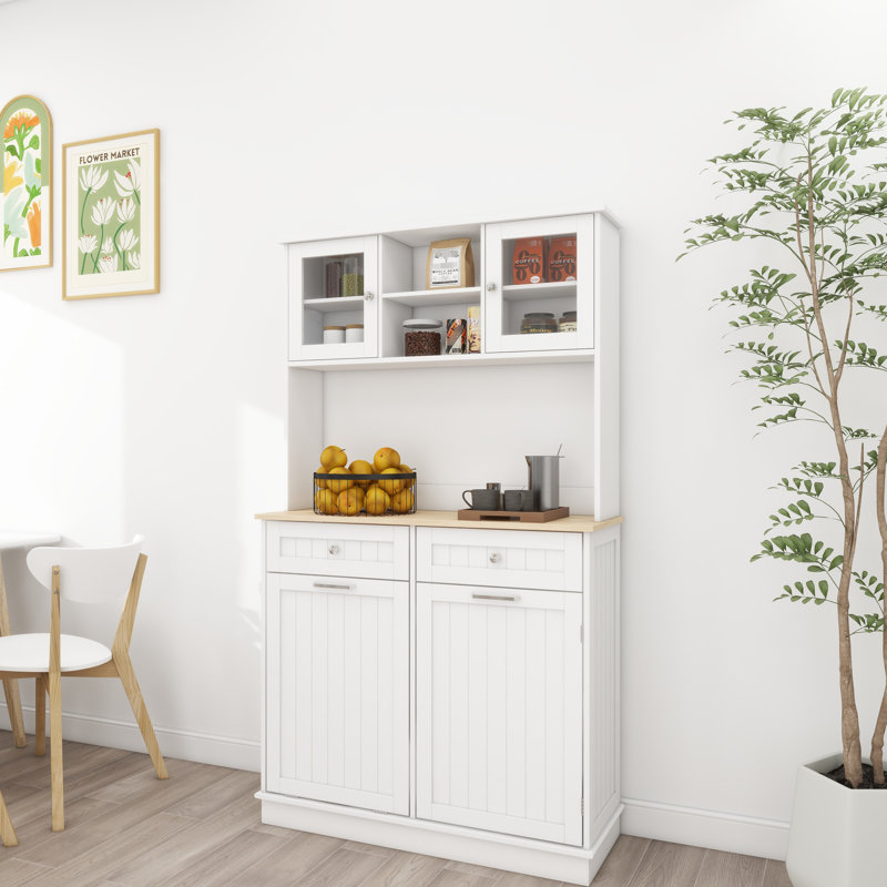 Armoire de cuisine moderne blanche de 67,7 po avec 3 tablettes réglables, 2 tiroirs et un support à poubelle basculant