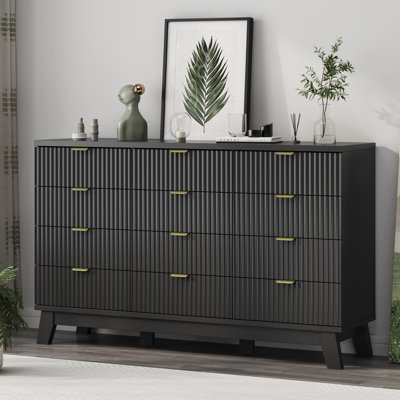 Commode cannelée à 12 tiroirs pour chambre à coucher, commode de 57 po de largeur avec poignée en métal, pieds de table robustes, grande commode de rangement pour le salon