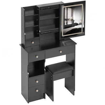 29.2" Small Size Left Drawer Desktop Vanity Table + Cushioned Stool, Large Sliding, Touch Control, Tri-Colour Switching, Brightness Adjust LED Mirror, High Capacity Storage, Suitable For Small Space