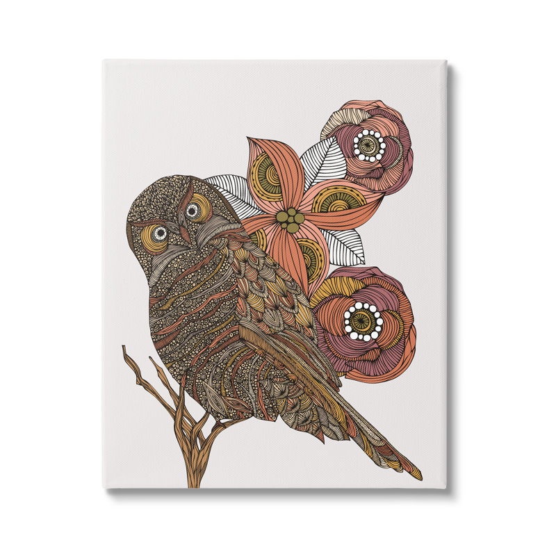 «Elaborate», chouette à motif floral rayé par Valentina Harper - cadre flottant, impression, Toile tendue