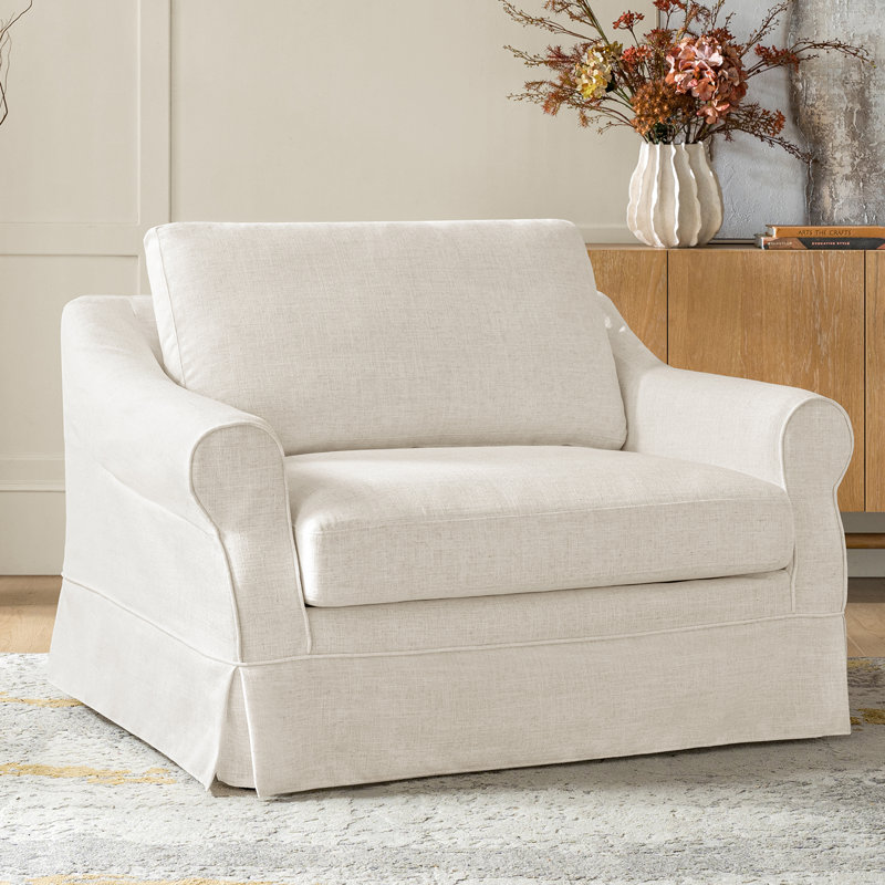 Estevan 50.75"W Farmhouse Slipcovered Oversized Armchair with Feather Blended Cushion, Ivory