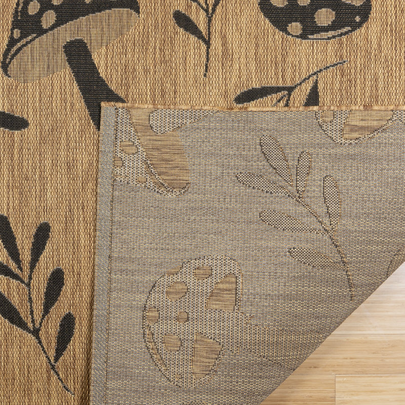 Solterra Kinoko Chestnut Brown Cream Beige Whimsical Mushroom Flatweave Polypropylene Indoor/ Outdoor Area Rug