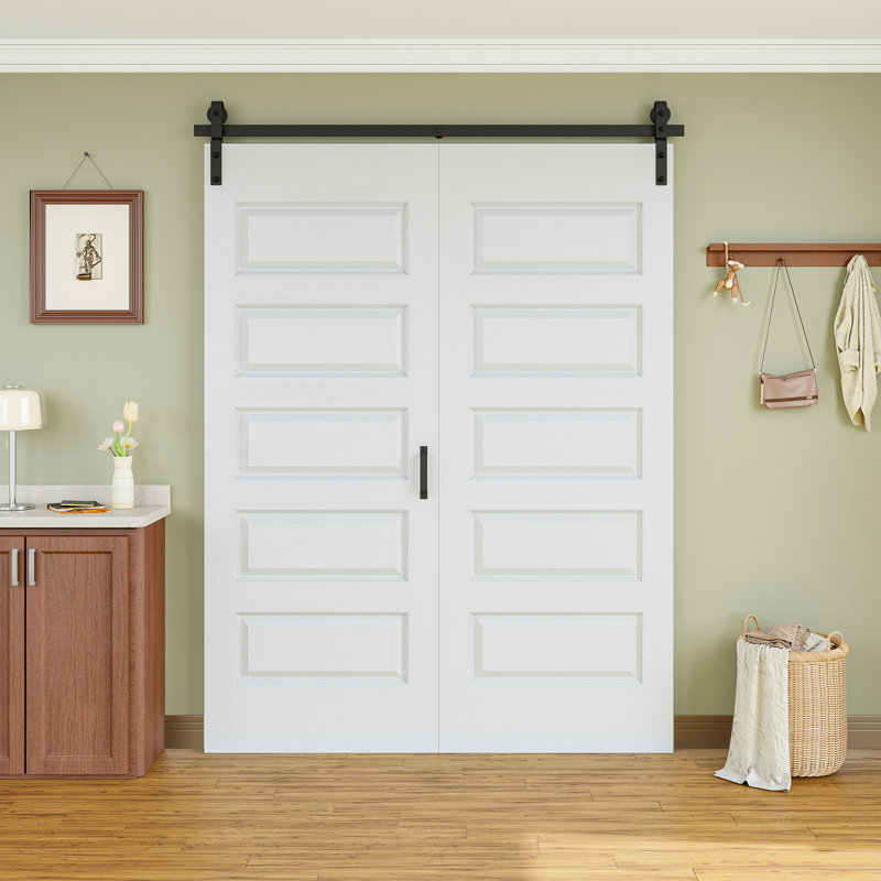 Porte de grange pliante à 5 panneaux en bois manufacturé blanc, préassemblée et peignable, 64 po x 84 po, avec trousse de quincaillerie d'installation (idéale pour les petits placards, garde-manger, buanderie, salle de bain)