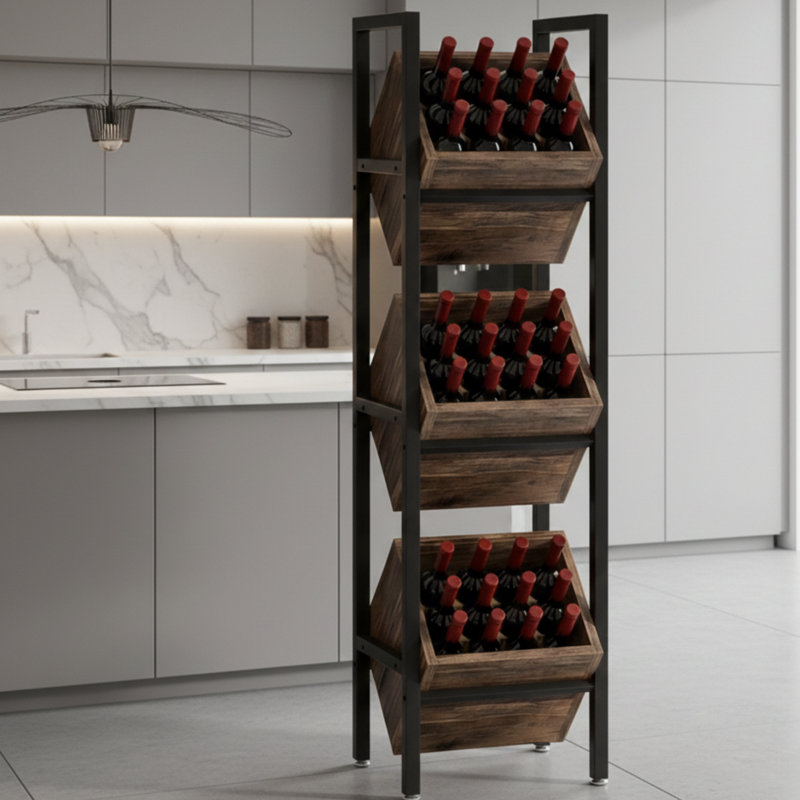36-Bottle Floor Wine Rack – Industrial Freestanding Wine Storage Tower With Rustic Wood & Metal Frame