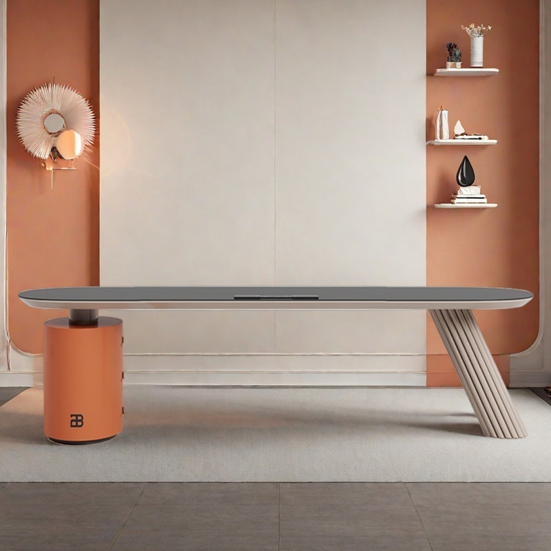 Bureau en granite avec bureau simple, H 29,53 po x l 86,61 po x P 27,56 po, Orange/crème