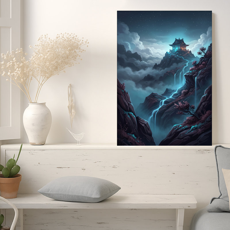«Starry Night Pagoda On Glowing Blue Cliffside Waterfall», art mural, 48"H x 32"W