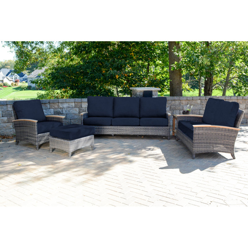 Bella Wicker Teak Outdoor Lounge Chair, Navy Sunbrella® Canvas, Brown