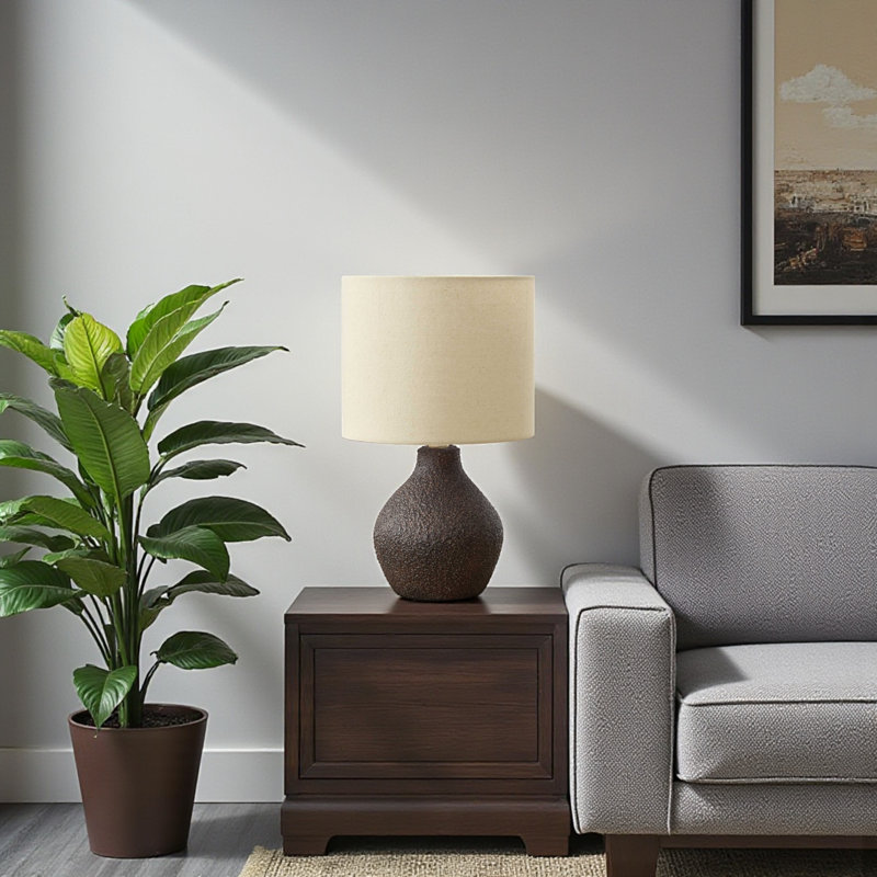 Saffron Standard Resin Table Lamp in Brown and Linen Shade, 16.04'' H X 9.2'' W X 9.2'' D