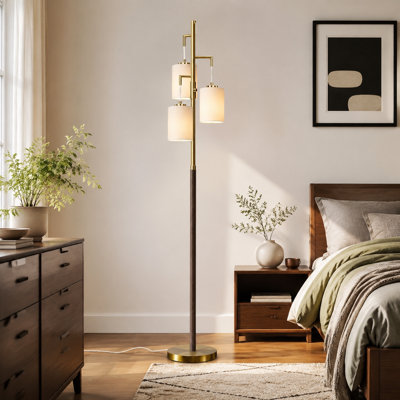 70" walnut-wood dimmable mid-century modern floor lamp with 3 included bulbs; tall standing reading and decor light for living rooms, bedrooms, offices, and nurseries.