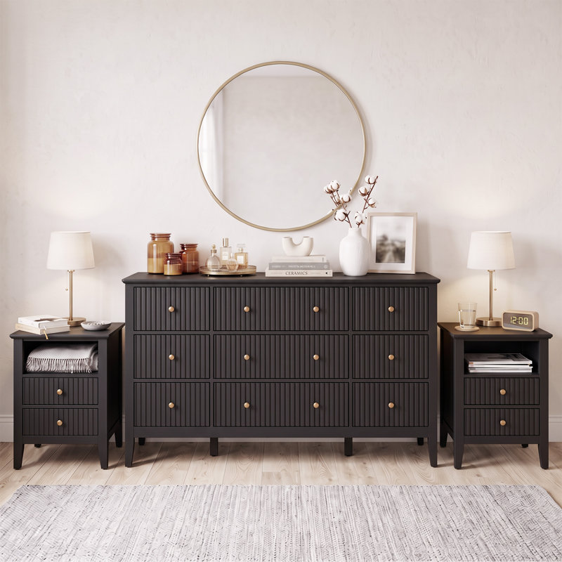 Ensemble de chambre à coucher 3 pièces avec commode 9 tiroirs et deux tables de chevet 2 tiroirs Amberrae, noir, Black