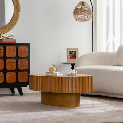 43.5" Oval Wooden Coffee Table With Handcrafted Relief | Sturdy Pedestal Base, Olive-Shaped Design For Living Room