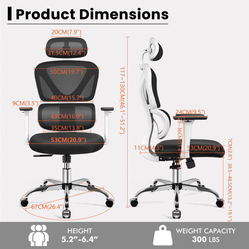 Comfy Breathable Ergonomic Task Chair With Headrest, Sliver/White