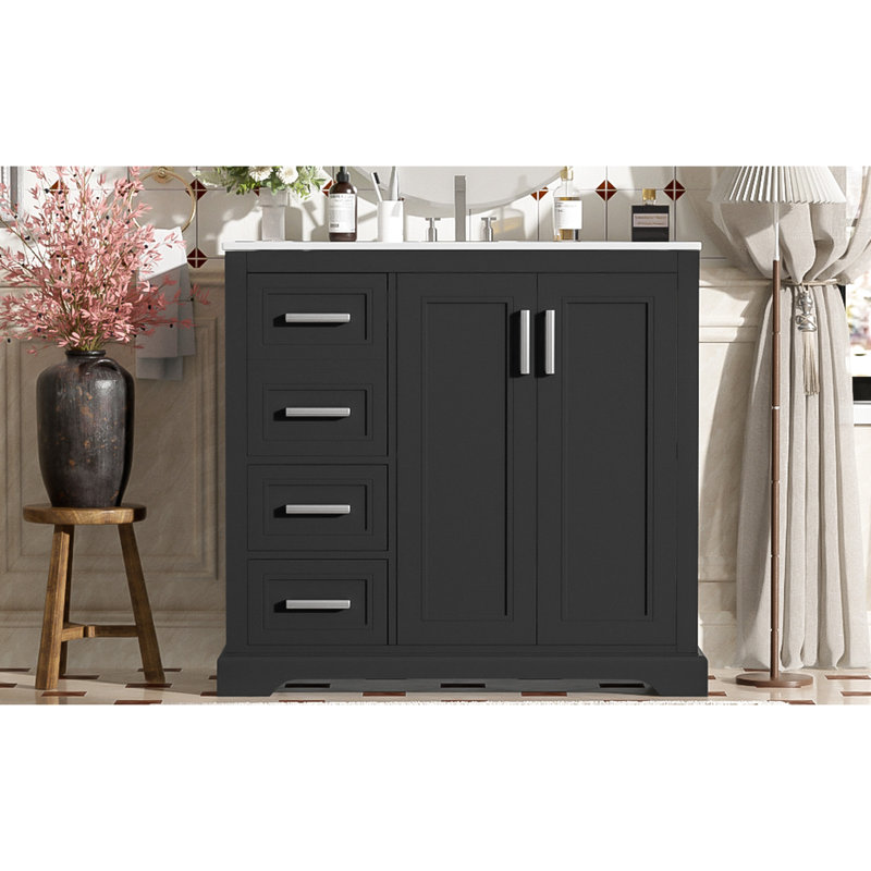 36" Modern Bathroom Vanity With Ceramic Sink, Black Finish, Soft-close Doors, Luxury Handles And Customized Storage Featuring Hinges, 3 Drawers Modules