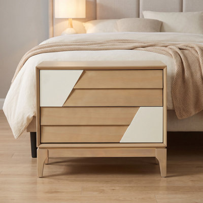 Japandi Style 2-Drawer Nightstand, Modern Two-Tone Geometric & Angled Patchwork Design, Natural & Cream Finish with Solid Tapered Legs for Bedroom & Living Room