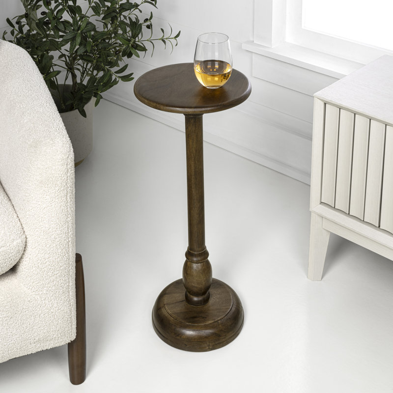 Leopold 24.5" Traditional Solid Mango Wood Round Pedestal Drink Table, Dark Brown Turned Accent Martini Table for Living Room