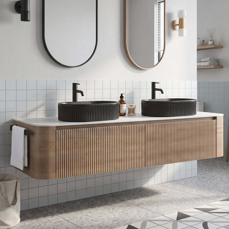 Meuble-lavabo mural 72 po avec comptoir en marbre, Oak