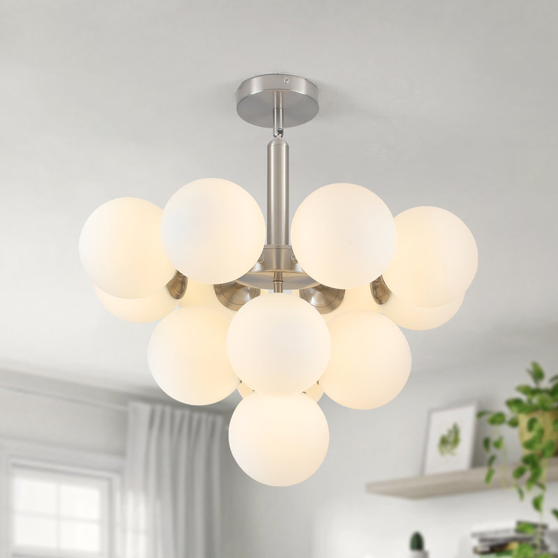 George Oliver 13-Light Dimmable Modern Nickel Atomic Tiered Cluster Chandelier, Opal Glass Globe Bubble Shade for Mid-Century Living Room