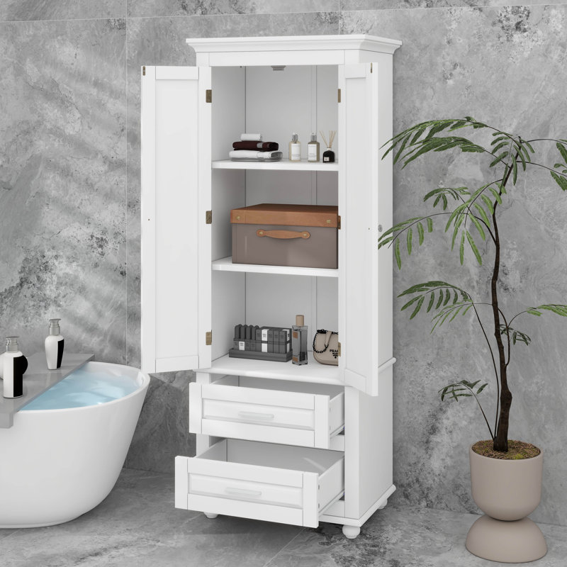 Tall Storage Cabinet With 2 Drawers, White
