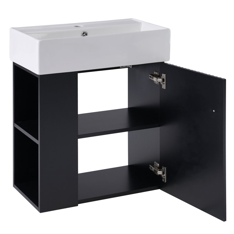 Meuble-lavabo flottant avec lavabo en céramique, Noir, Doré
