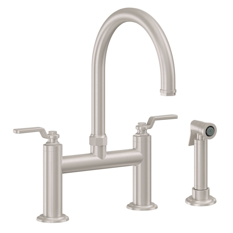 Bridge Kitchen Faucet - Arc Spout, Polished Brass, With Side Spray, Ball Lever
