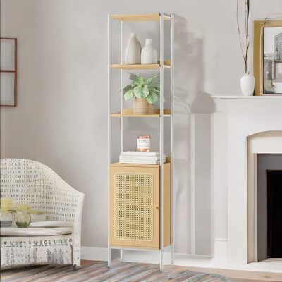 Rattan-Like Narrow Bookcase Storage Cabinet With 2 Open Adjustable Shelves