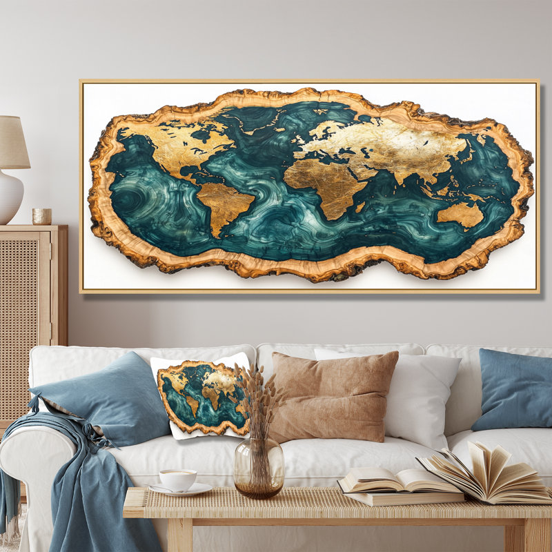 Schutte Emerald Crystals World Map Wood Slide II - carte du monde, art mural, H 28 po x l 60 po, Floater Framed, Doré