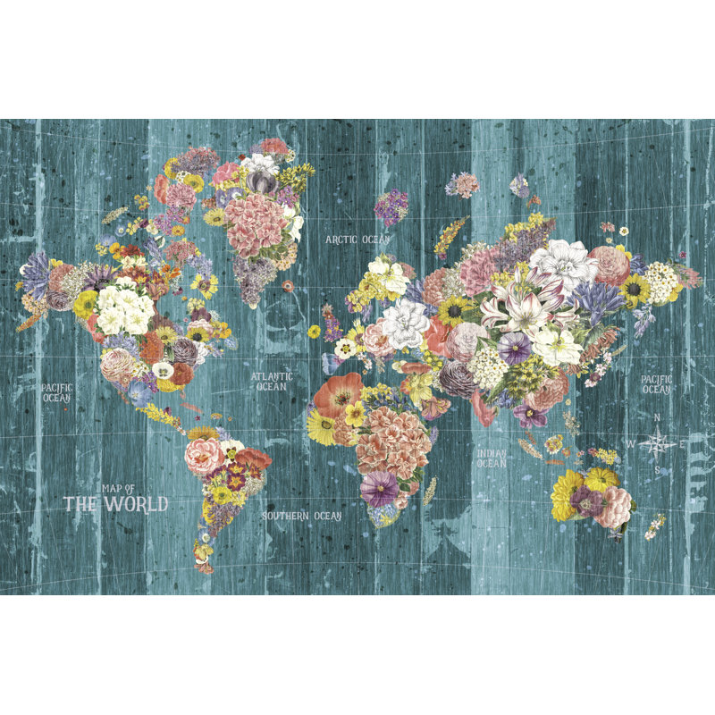 Carte sur les Continents en fleurs sur fond bleu sarcelle, bleu, rouge, jaune, H 26 po x l 50 po x P 1,5 po