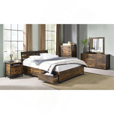 Juvanth Rustic Oak & Black Finish E. King Bed With Storage