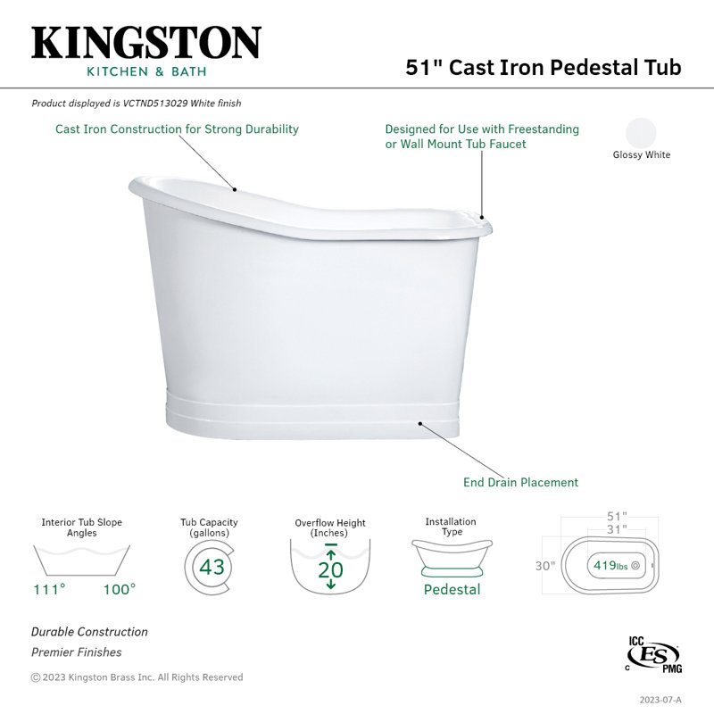 Kingston Brass Aqua Eden 51-Inch Cast Iron D-Shaped Single Slipper Pedestal Tub (No Faucet Drillings)