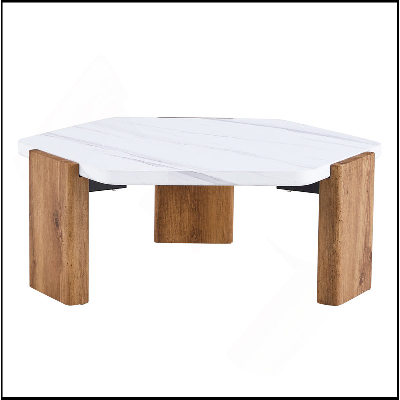 Table basse moderne hexagonale avec plateau blanc et pieds en bois, idéale pour les salons et les chambres d'amis