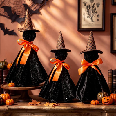 3 Pcs Primitive Halloween Witches Decor Indoor, Velvet and Wood | Halloween Figurines with Plaid Wizard Hats & Orange Bows, Spooky Black Table Centerpiece, for Home Mantel Tiered Tray Decor