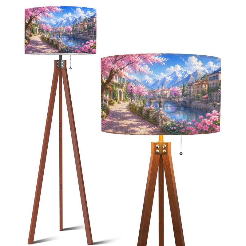Lampe trépied à trépied à ressorts et à abat-jour amovible en forme de cerisier avec vue sur la montagne, Color5