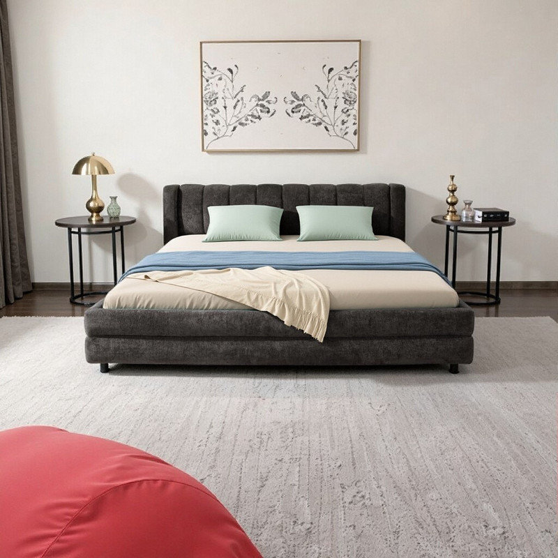Grand lit de rangement rembourré avec tissu chenille, Gris