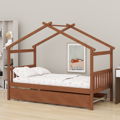 Wooden House Bed With Trundle