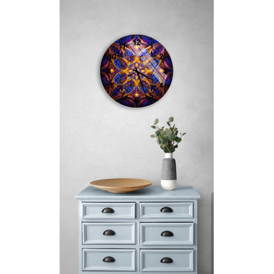 Luminous Blue and Orange Kaleidoscope Pattern Tempered Glass Silent Wall Clock